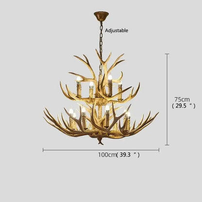 Rustic golden antler deer chandelier living room candle light