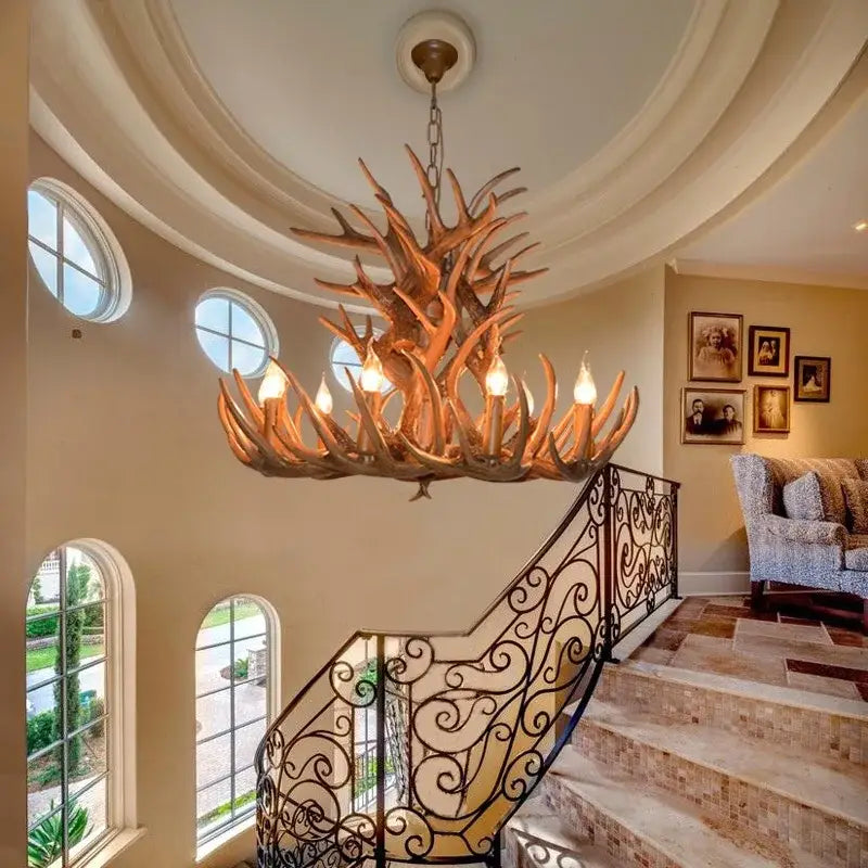 Industrial golden brown antler pendant chandelier dining room light