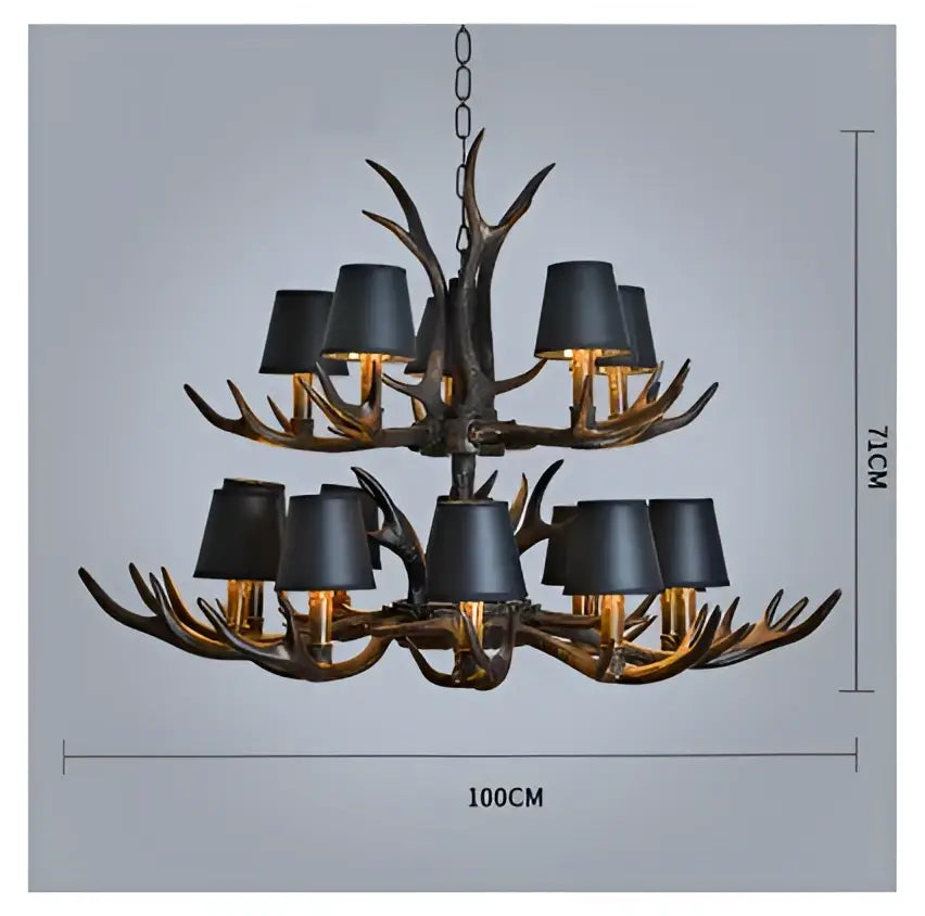 Retro golden brown antler resin chandelier with black shades dining room