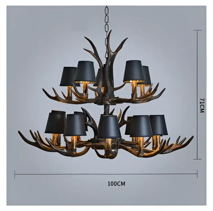 Retro golden brown antler resin chandelier with black shades dining room