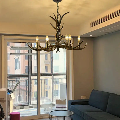 Retro golden brown antler resin chandelier with black shades dining room