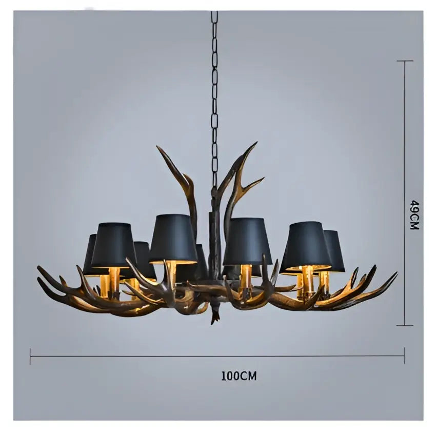 Retro golden brown antler resin chandelier with black shades dining room