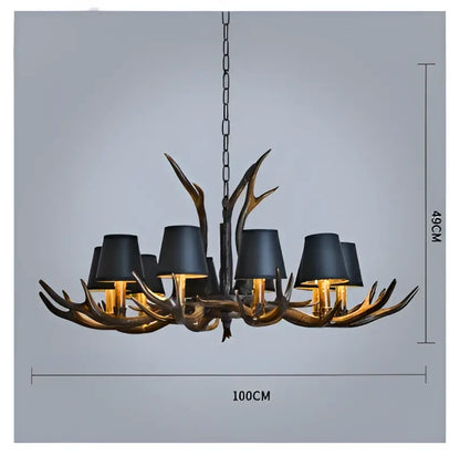 Retro golden brown antler resin chandelier with black shades dining room