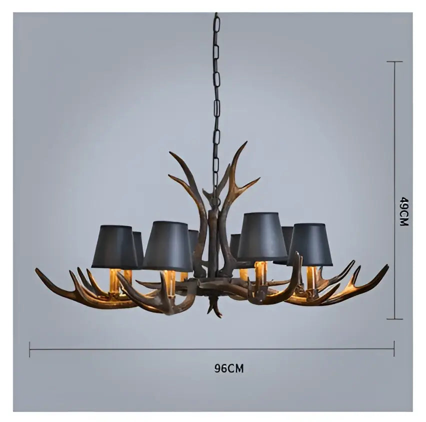 Retro golden brown antler resin chandelier with black shades dining room