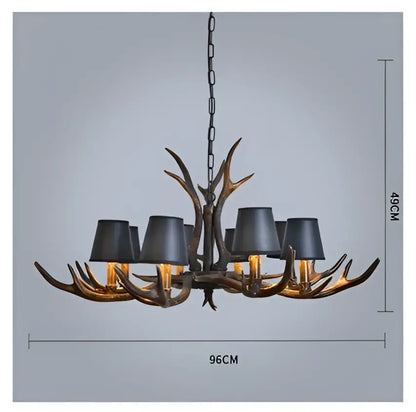 Retro golden brown antler resin chandelier with black shades dining room