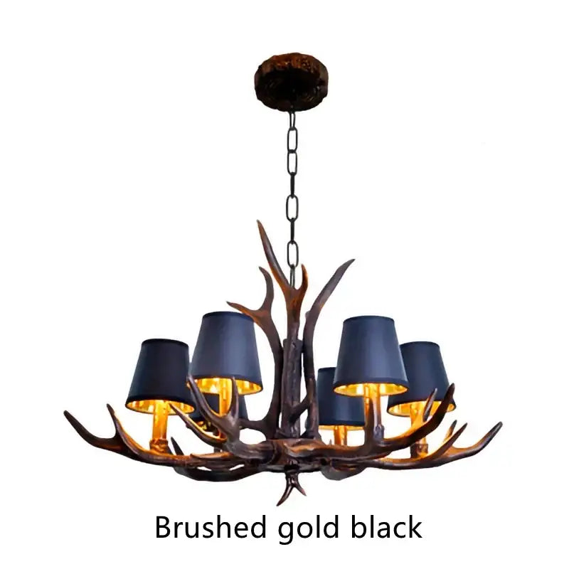Retro golden brown antler resin chandelier with black shades dining room