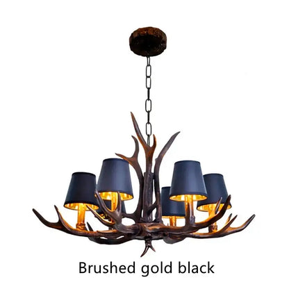 Retro golden brown antler resin chandelier with black shades dining room