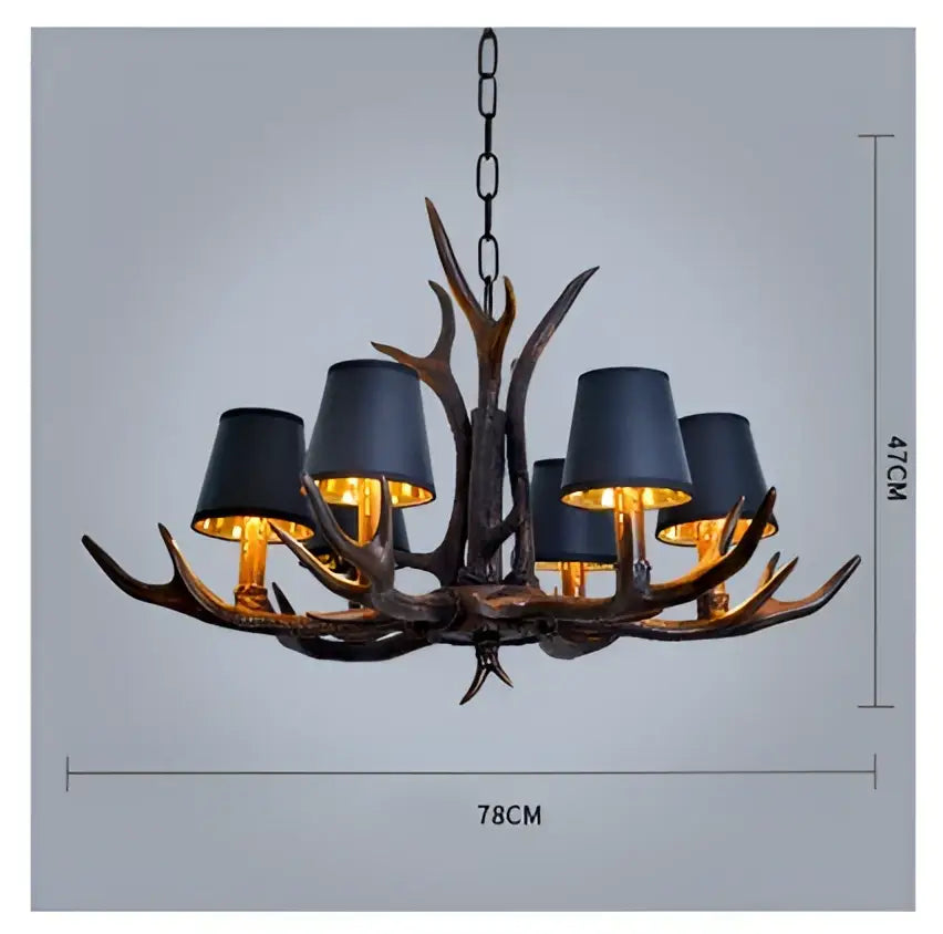 Retro golden brown antler resin chandelier with black shades dining room