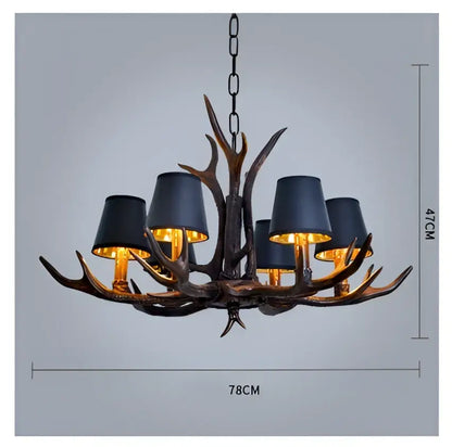 Retro golden brown antler resin chandelier with black shades dining room