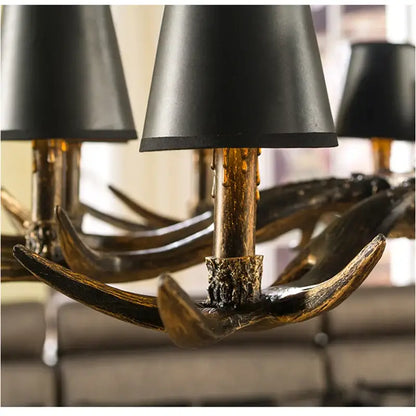 Retro golden brown antler resin chandelier with black shades dining room
