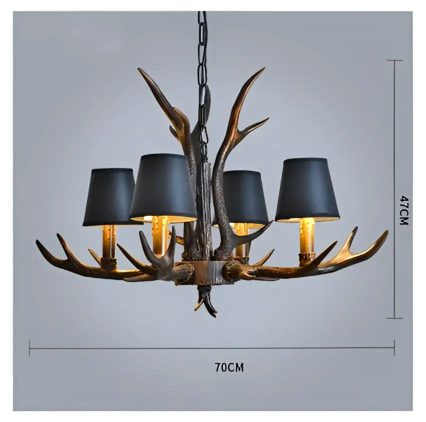 Retro golden brown antler resin chandelier with black shades dining room