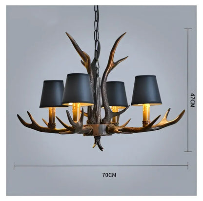 Retro golden brown antler resin chandelier with black shades dining room