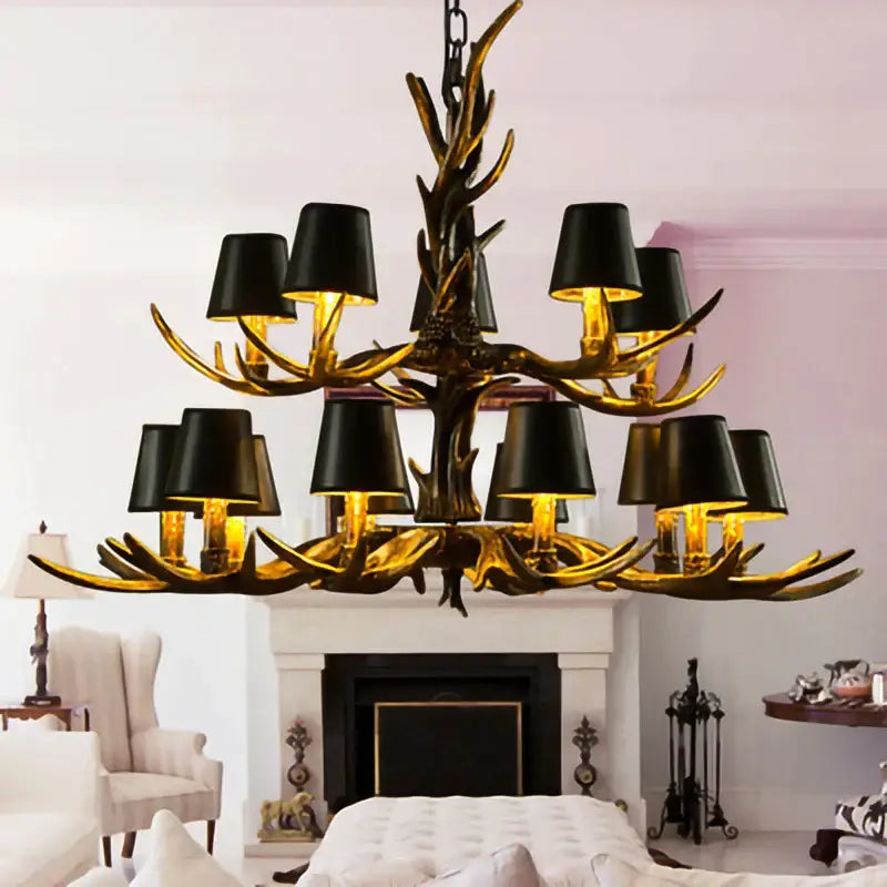 Retro golden brown antler resin chandelier with black shades dining room