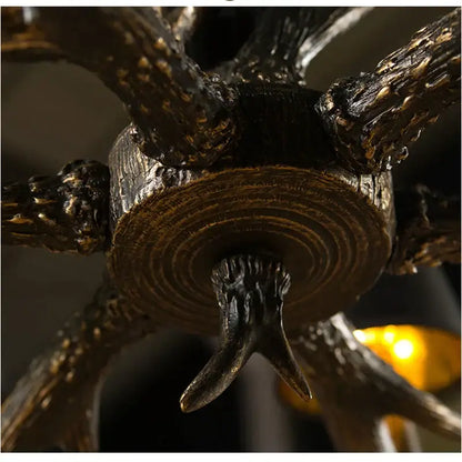 Retro golden brown antler resin chandelier with black shades dining room
