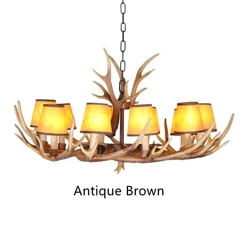 Retro golden brown antler resin chandelier with black shades dining room