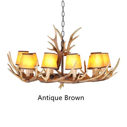 Retro golden brown antler resin chandelier with black shades dining room