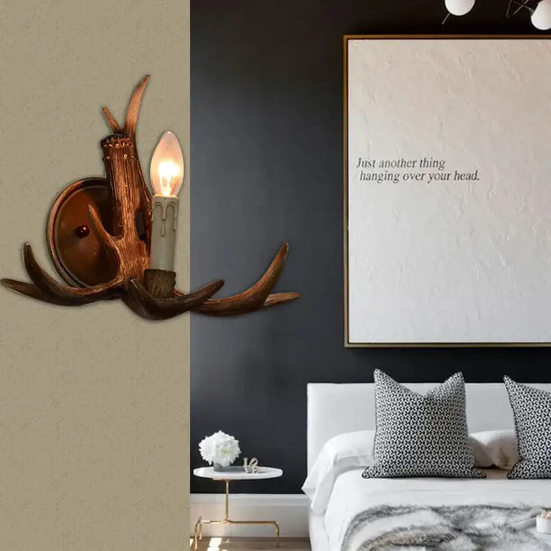 Rustic brown & copper antler resin wall lamp living room