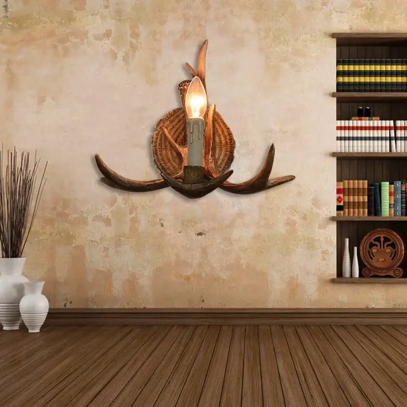 Rustic brown & copper antler resin wall lamp living room