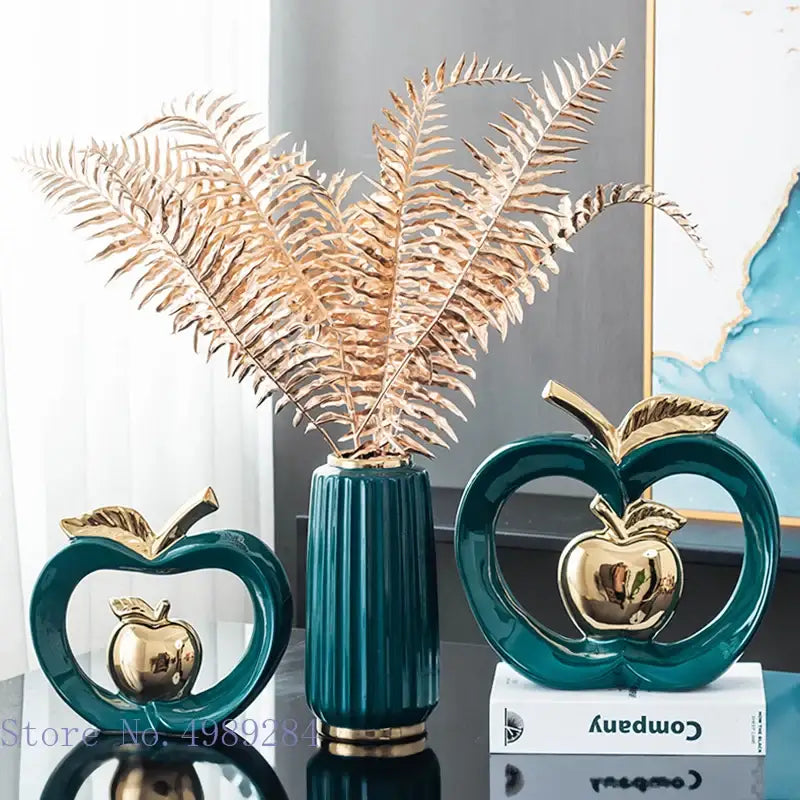 Teal & gold apple hollow candy jar dining room decor