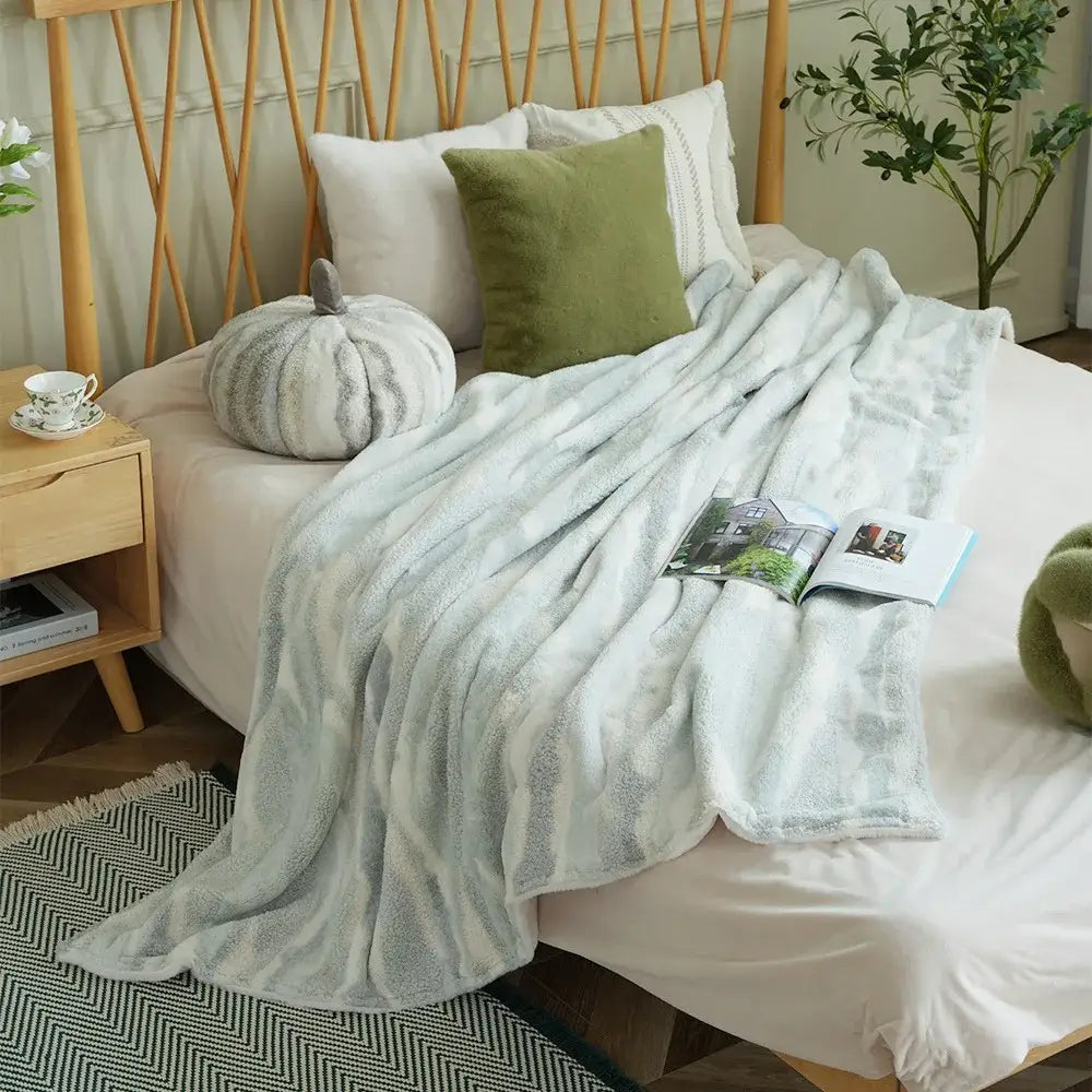 Beige & brown striped arctic velvet faux rabbit throw – living room