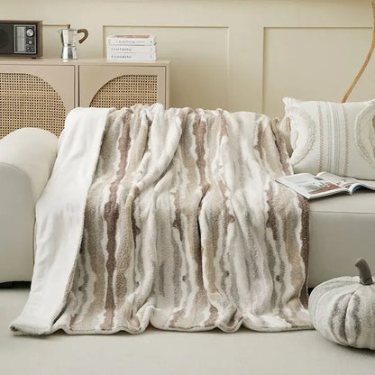 Beige & brown striped arctic velvet faux rabbit throw – living room