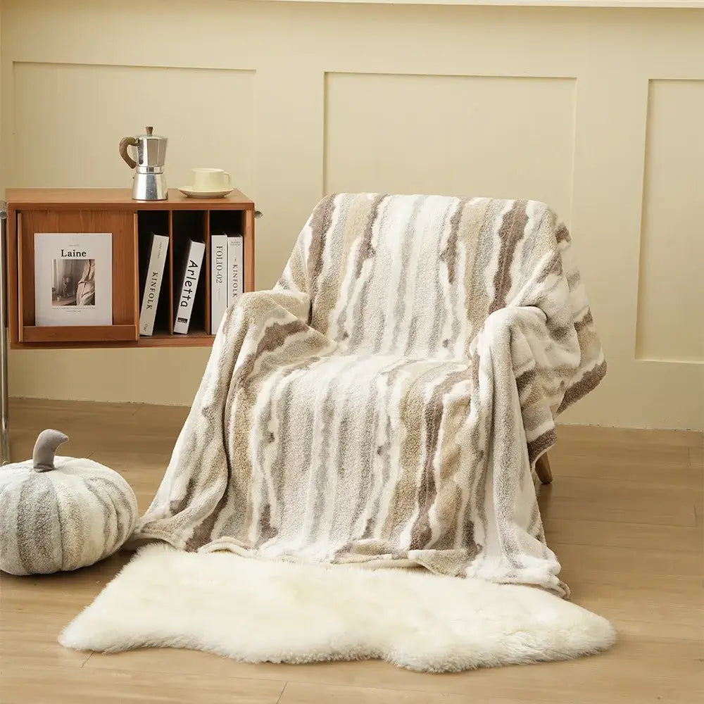 Beige & brown striped arctic velvet faux rabbit throw – living room