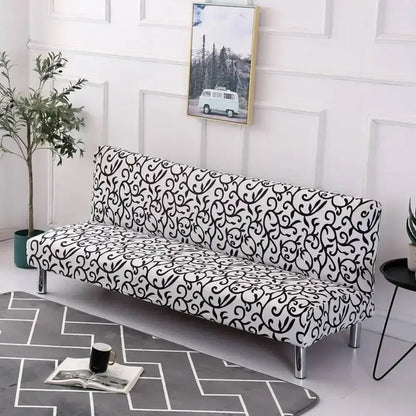 Ornate black & white armless futon sofa cover living room slipcover