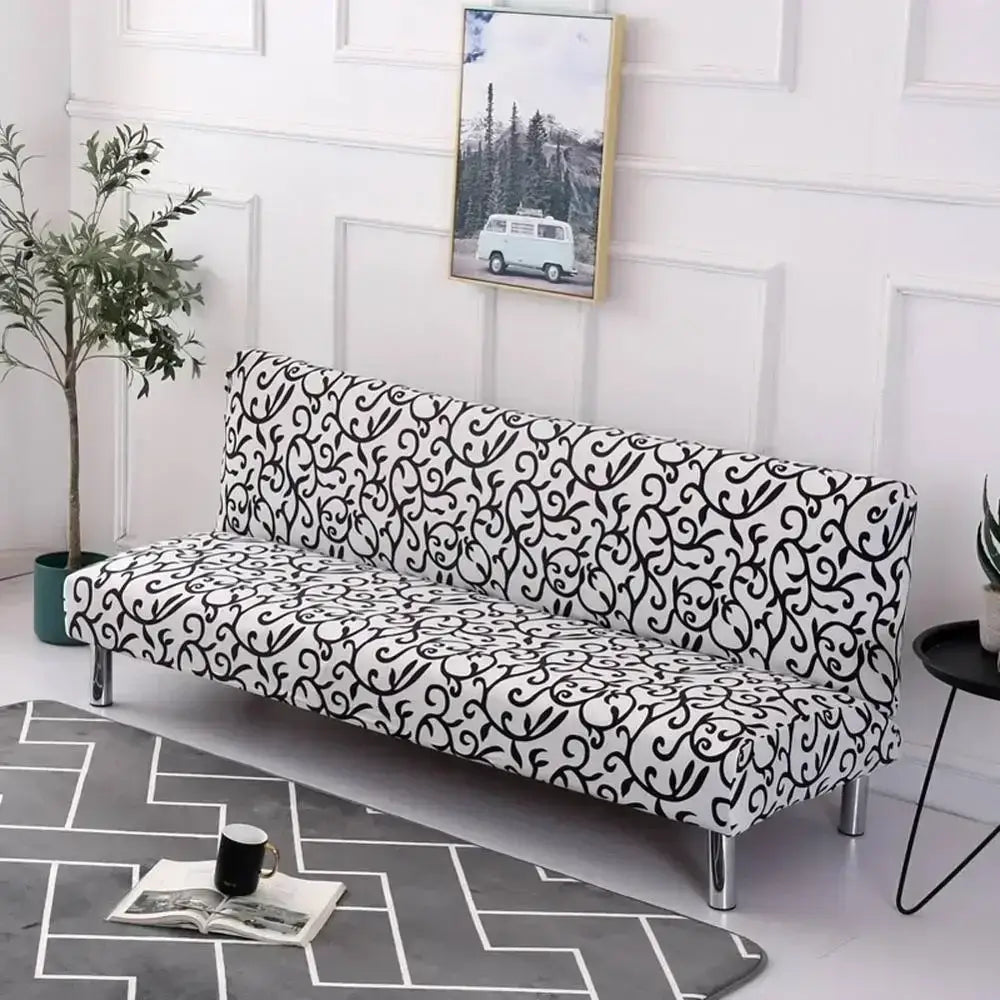 Ornate black & white armless futon sofa cover living room slipcover