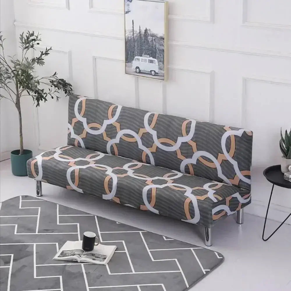 Ornate black & white armless futon sofa cover living room slipcover