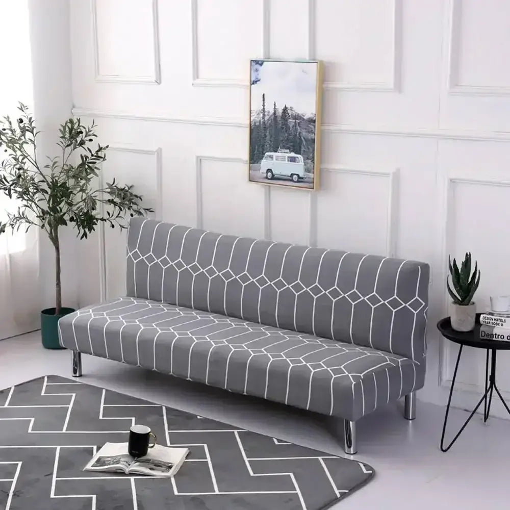Ornate black & white armless futon sofa cover living room slipcover