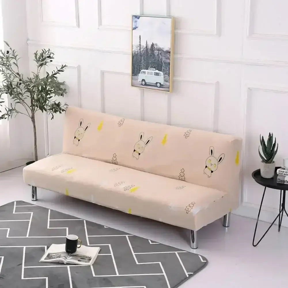 Ornate black & white armless futon sofa cover living room slipcover