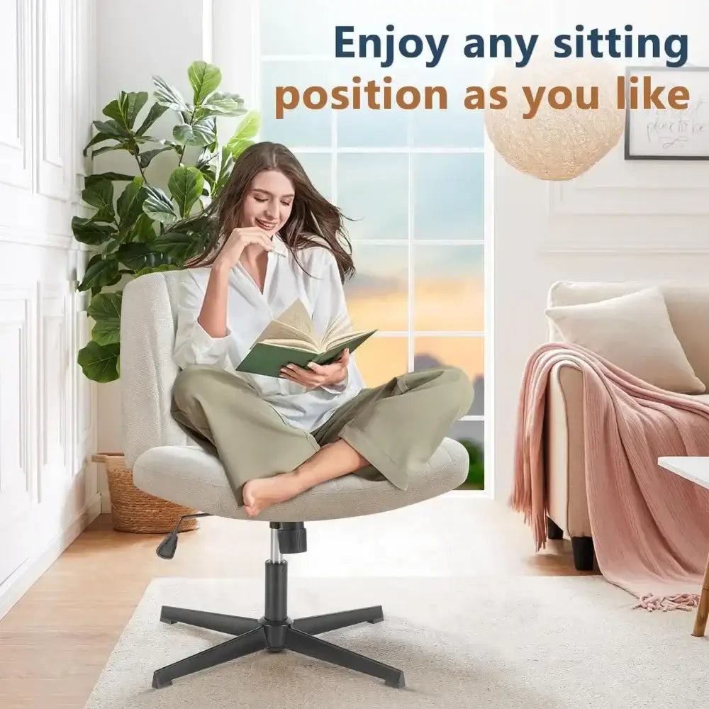 Modern beige upholstered wide desk chair office height adjustable