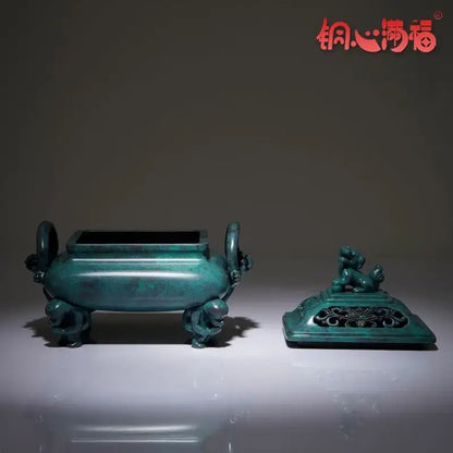 Vintage teal patina brass incense stove with dragon handles home decor