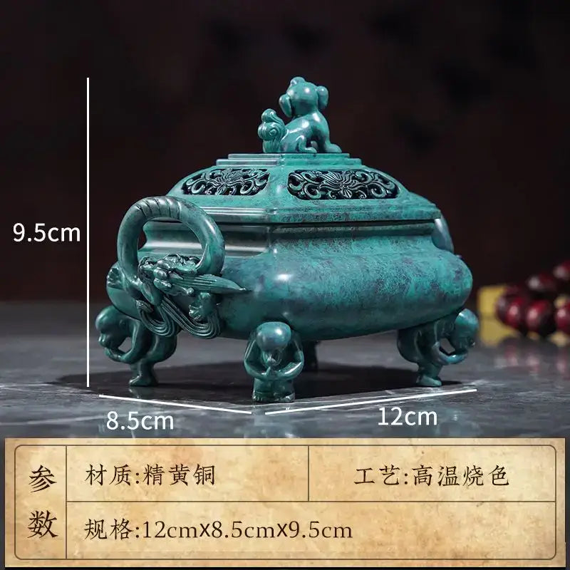Vintage teal patina brass incense stove with dragon handles home decor