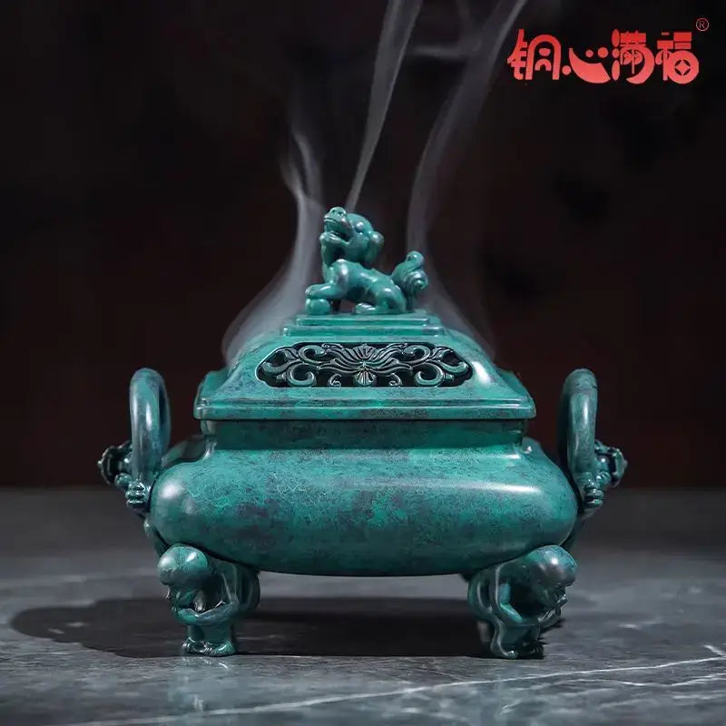 Vintage teal patina brass incense stove with dragon handles home decor