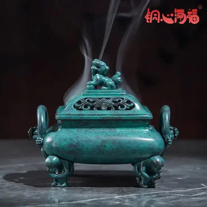 Vintage teal patina brass incense stove with dragon handles home decor