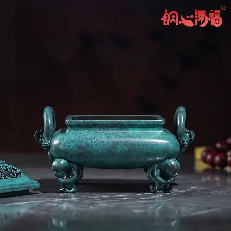 Vintage teal patina brass incense stove with dragon handles home decor