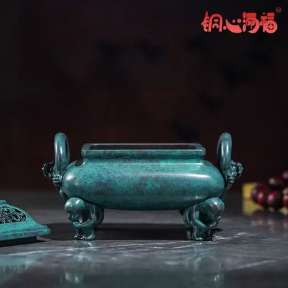 Vintage teal patina brass incense stove with dragon handles home decor