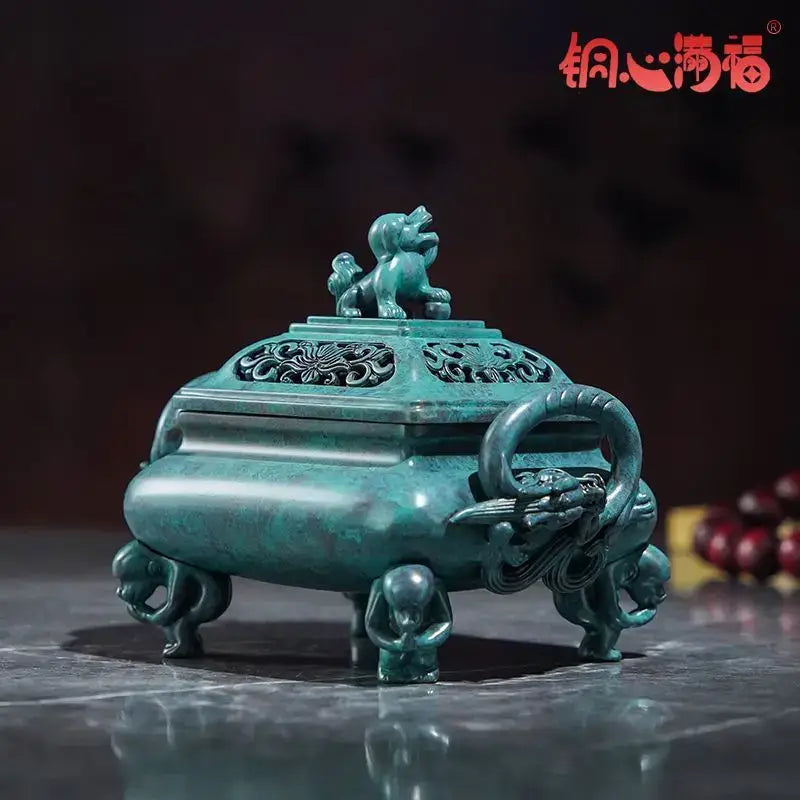 Vintage teal patina brass incense stove with dragon handles home decor