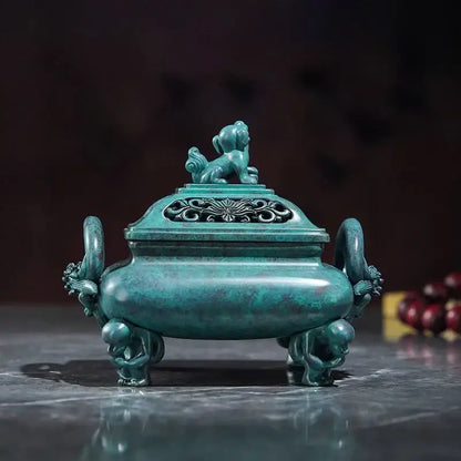 Vintage teal patina brass incense stove with dragon handles home decor