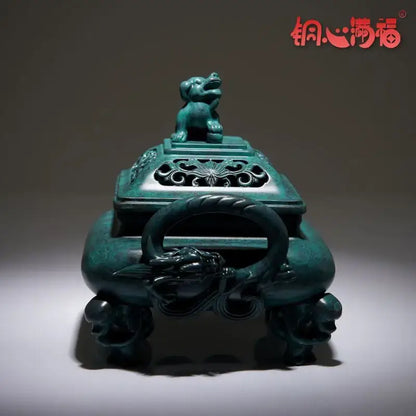 Vintage teal patina brass incense stove with dragon handles home decor