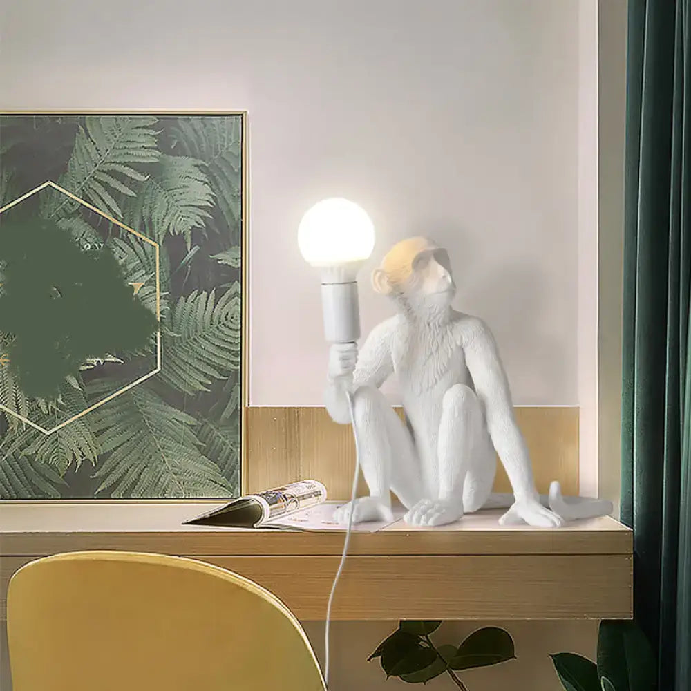 Art deco white monkey table lamp – bedroom resin nightstand light