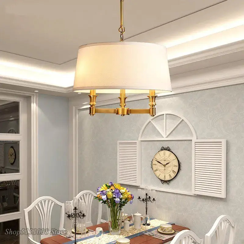 Art deco copper pendant light with fabric shade for dining room