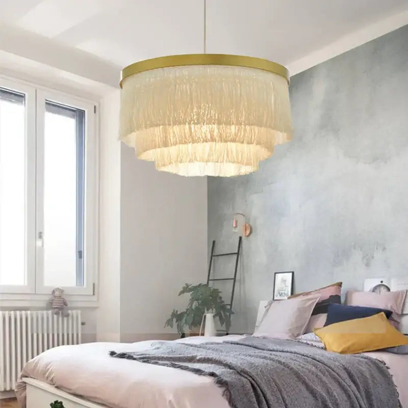 Art deco pink & gold tiered chandelier bedroom fringe light
