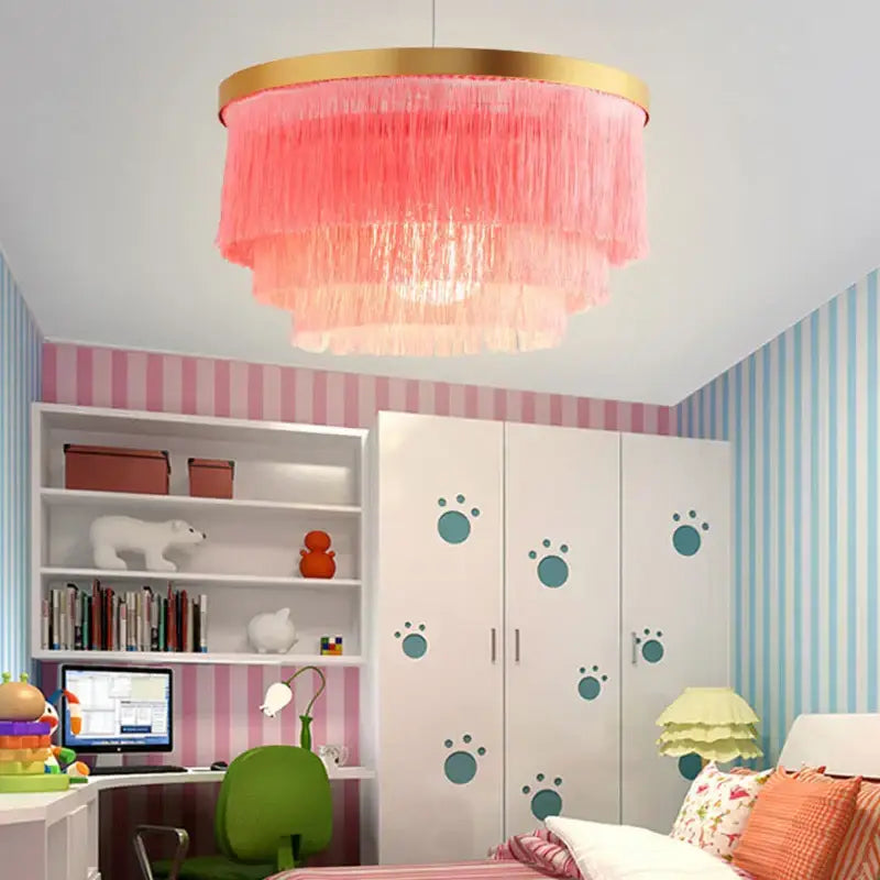 Art deco pink & gold tiered chandelier bedroom fringe light