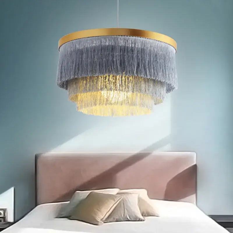 Art deco pink & gold tiered chandelier bedroom fringe light