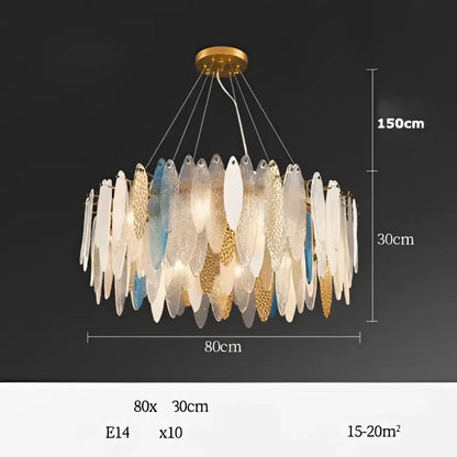 Art deco glass leaf chandelier amber & gold dining room light