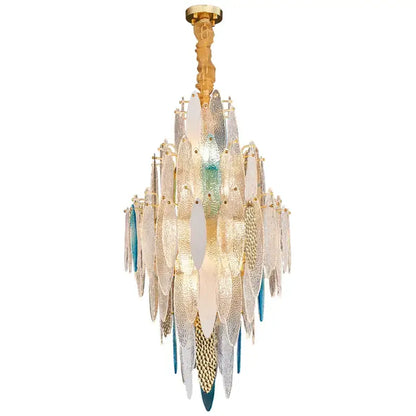 Art deco glass leaf chandelier amber & gold dining room light