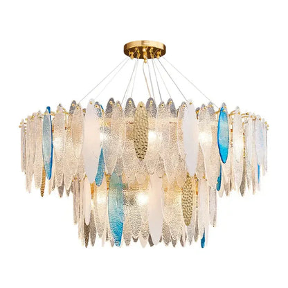 Art deco glass leaf chandelier amber & gold dining room light