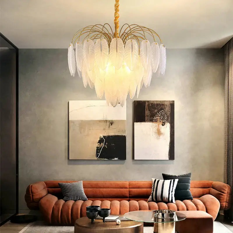 art deco white glass feather chandelier for bedroom